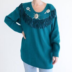Vintage Cover Charge Teal Western Fringe Cowgirl Long Sleeve Shirt L